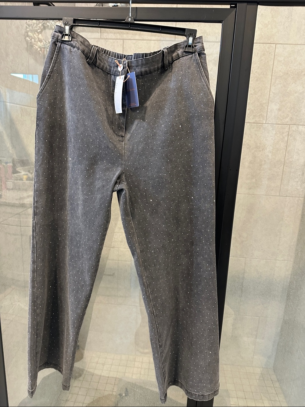 Skies Are Blue Charcoal Gray with rhinestones denim pants.